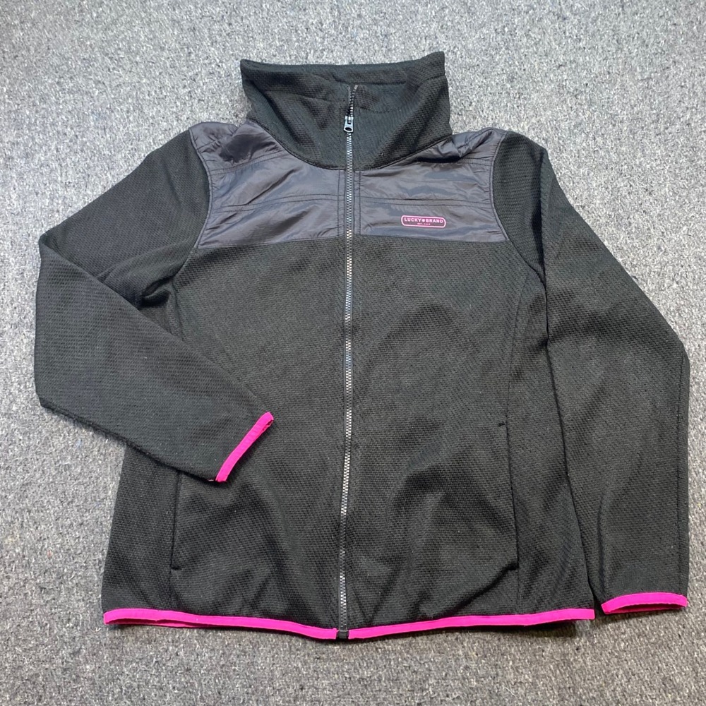 Lucky Brand Jacket Sz M Womens Black Gorpcore Pink Trim Full Zip Waffle Knit